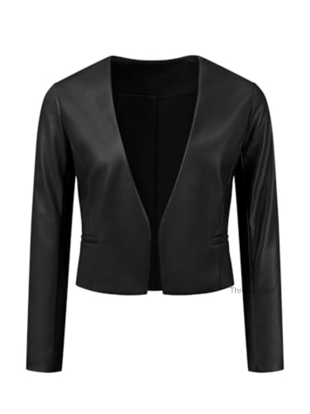 Faux Leather Crop Moto Biker Jacket Collarless Open Front Long Sleeve